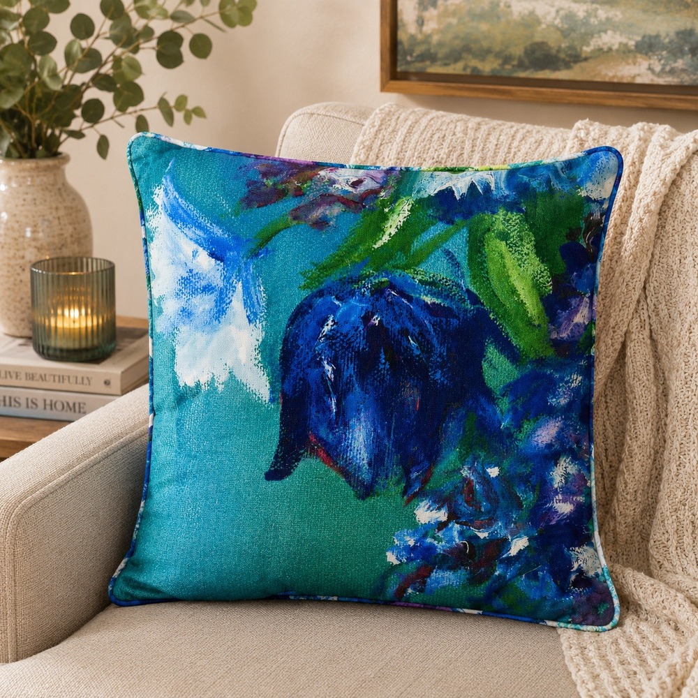 Blue Teal Impressionist Floral Throw Pillow Square Woven Decorative Accent 18in